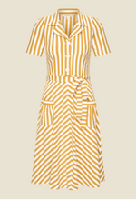 Laden Sie das Bild in den Galerie-Viewer, Swingkleid Revers Tricot, Gesterift, Senf