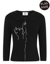 Laden Sie das Bild in den Galerie-Viewer, Cardigan Cat Scalopped Collar, Katzenmotiv, Schwarz, Plus Size