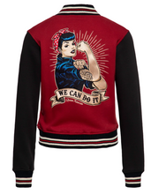 Laden Sie das Bild in den Galerie-Viewer, Bestickte Collegejacke We can do it, Dunkelrot-Schwarz Plus Size