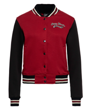 Laden Sie das Bild in den Galerie-Viewer, Bestickte Collegejacke We can do it, Dunkelrot-Schwarz Plus Size