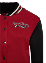 Laden Sie das Bild in den Galerie-Viewer, Bestickte Collegejacke We can do it, Dunkelrot-Schwarz Plus Size