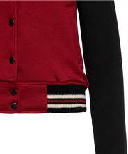 Laden Sie das Bild in den Galerie-Viewer, Bestickte Collegejacke We can do it, Dunkelrot-Schwarz Plus Size