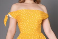 Laden Sie das Bild in den Galerie-Viewer, Swingkleid Taylor Off‑Shoulder, Gelb-Polka