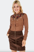 Laden Sie das Bild in den Galerie-Viewer, Retro Western-Bluse mit Stickerrei, Plaid Panel, Braun