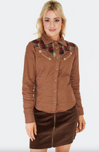 Laden Sie das Bild in den Galerie-Viewer, Retro Western-Bluse mit Stickerrei, Plaid Panel, Braun
