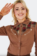 Laden Sie das Bild in den Galerie-Viewer, Retro Western-Bluse mit Stickerrei, Plaid Panel, Braun