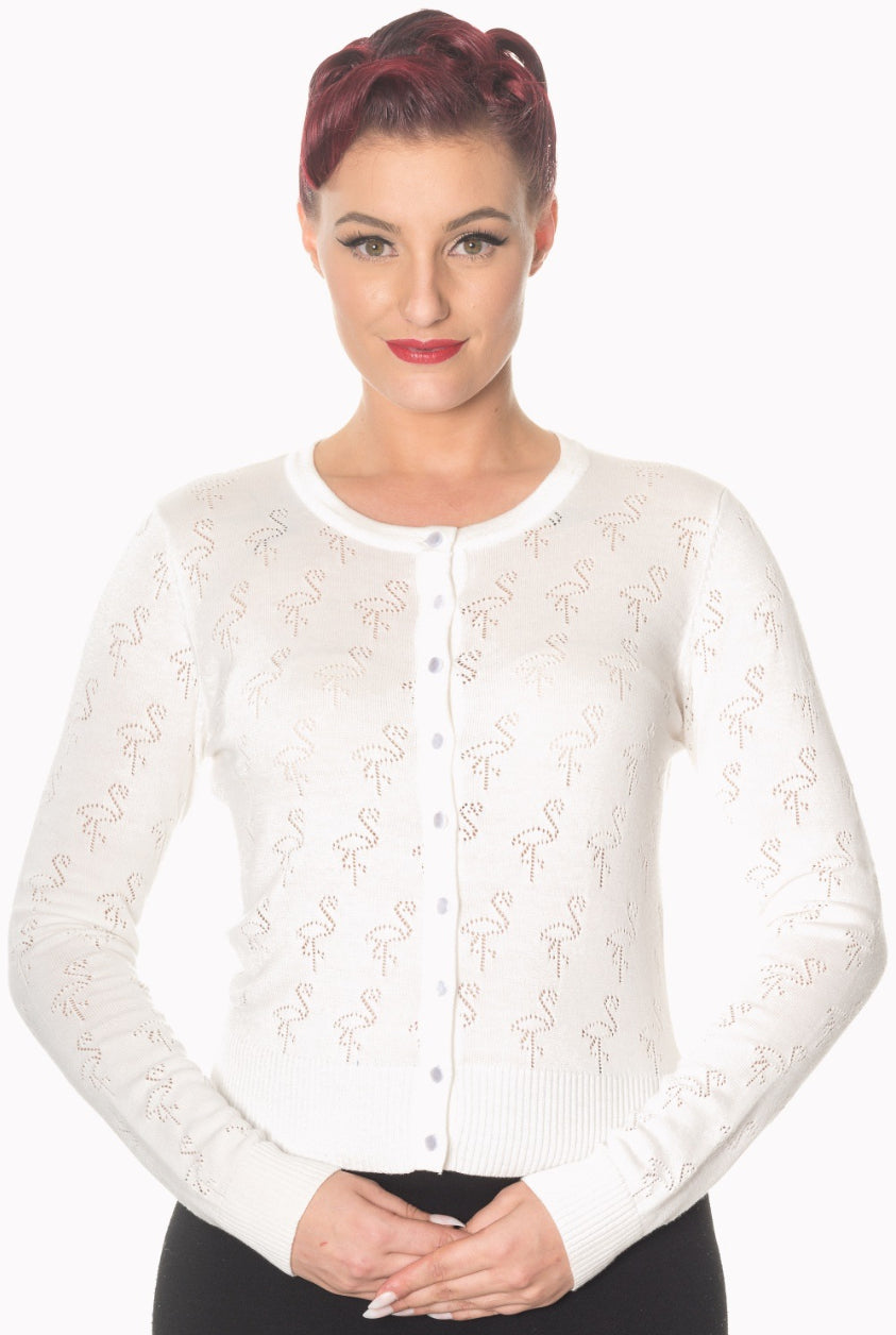 Cardigan Goddess mit Flamingo-Lochstickerei, Ivory