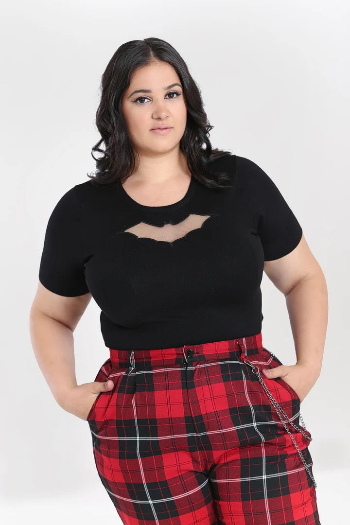 Feinstricktop Bat,Fledermausmotiv Schwarz, Plus Size