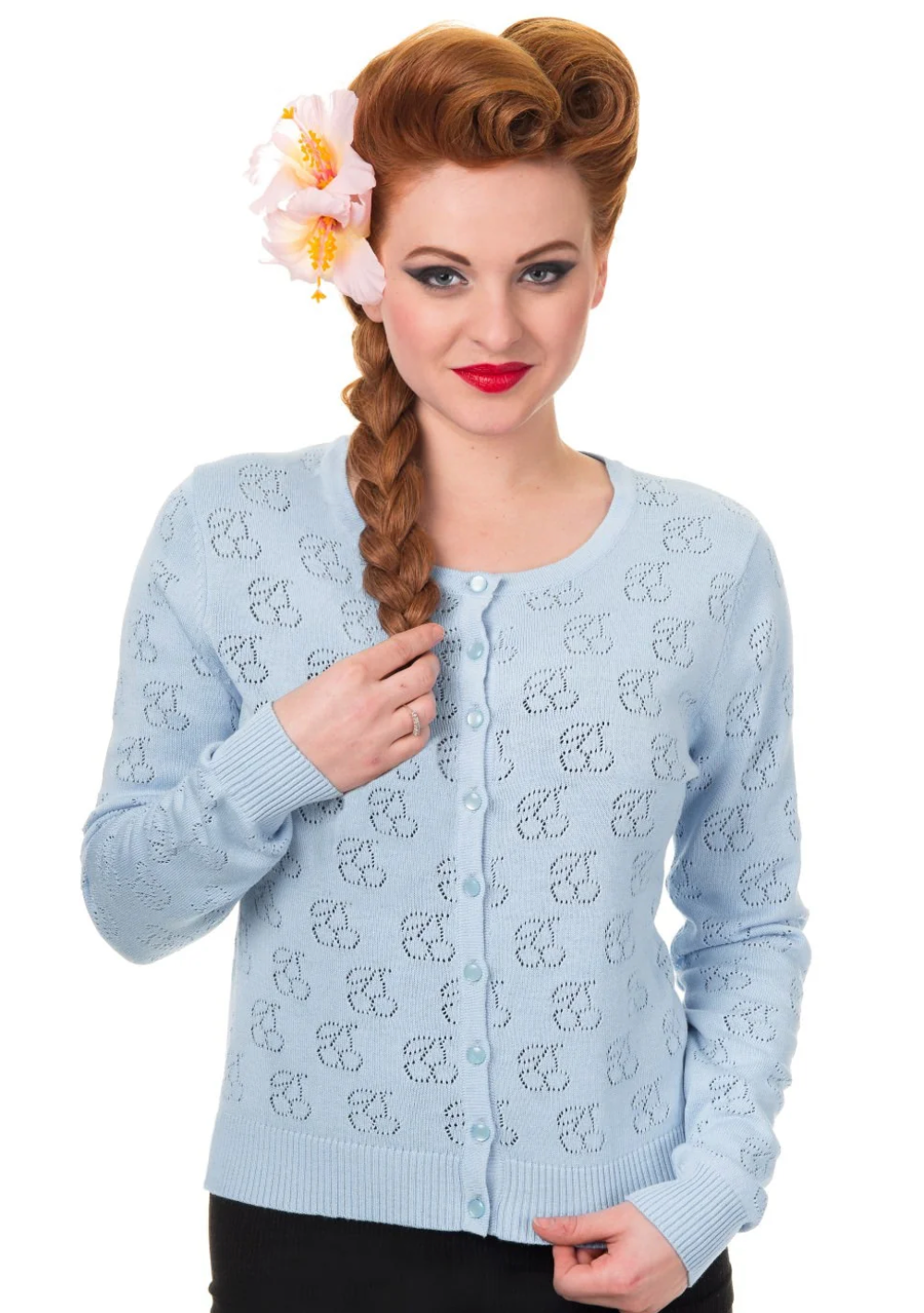 Cardigan Cadilac, Kirsch-Lochstickerie, Hellblau Plus Size