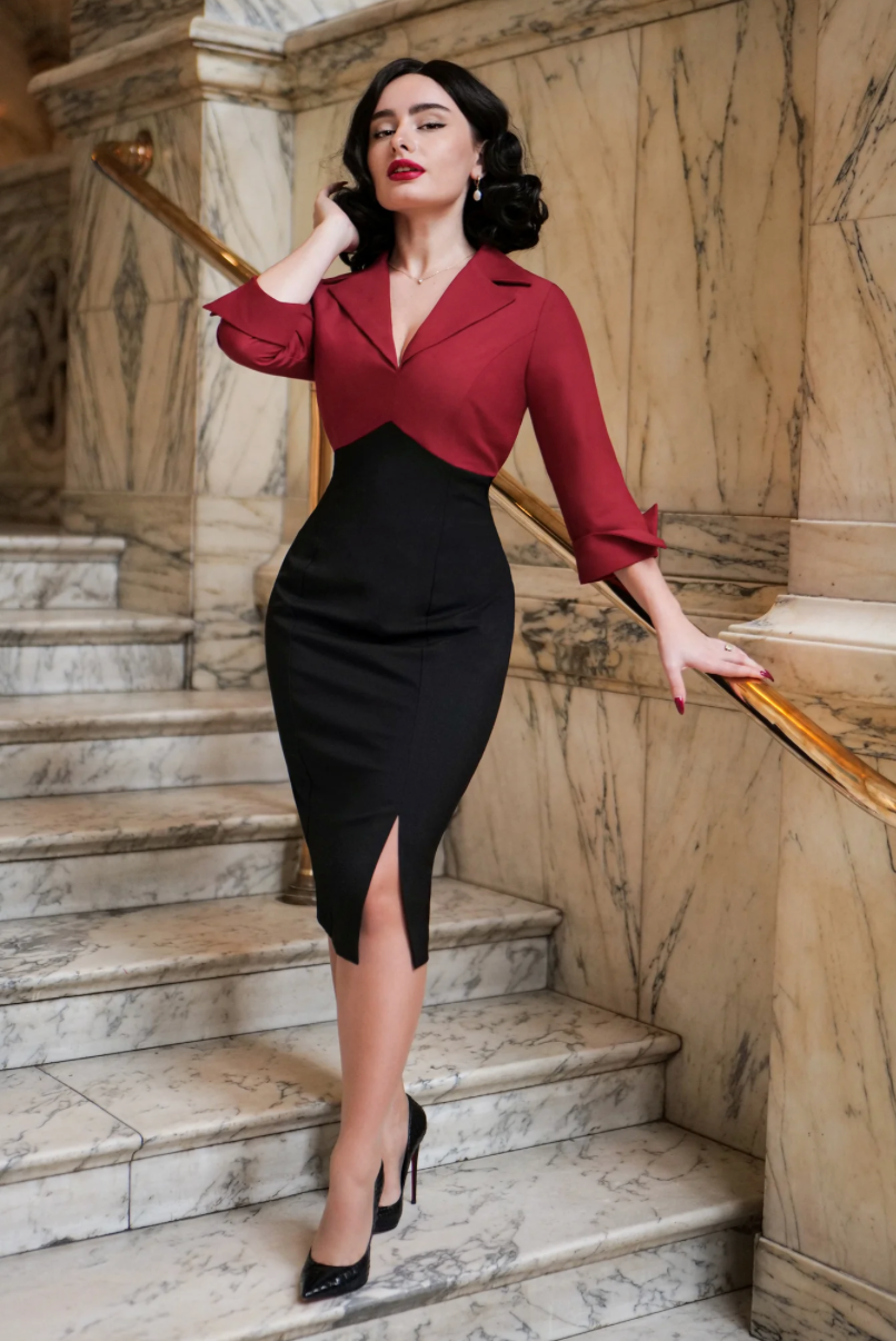 Bleistiftkleid Dianne Two Toned, Rot- Schwarz