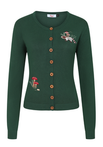 Cardigan Woodland Mushroom mit Waschbär-Pilz-Stickerrei, Flaschengrün