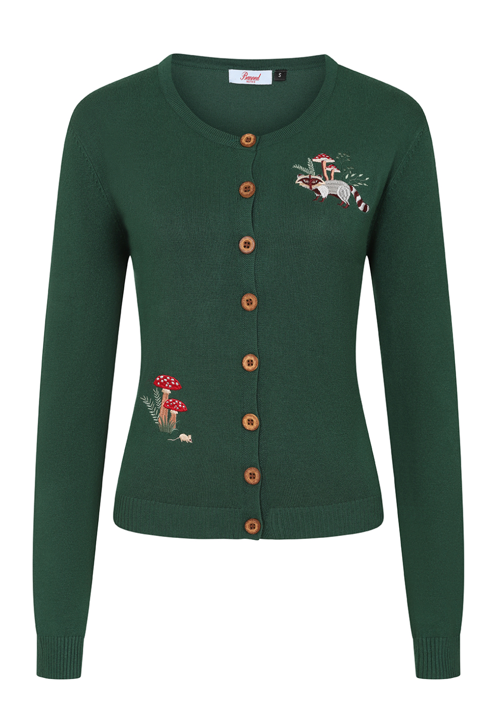 Cardigan Woodland Mushroom mit Waschbär-Pilz-Stickerrei, Flaschengrün