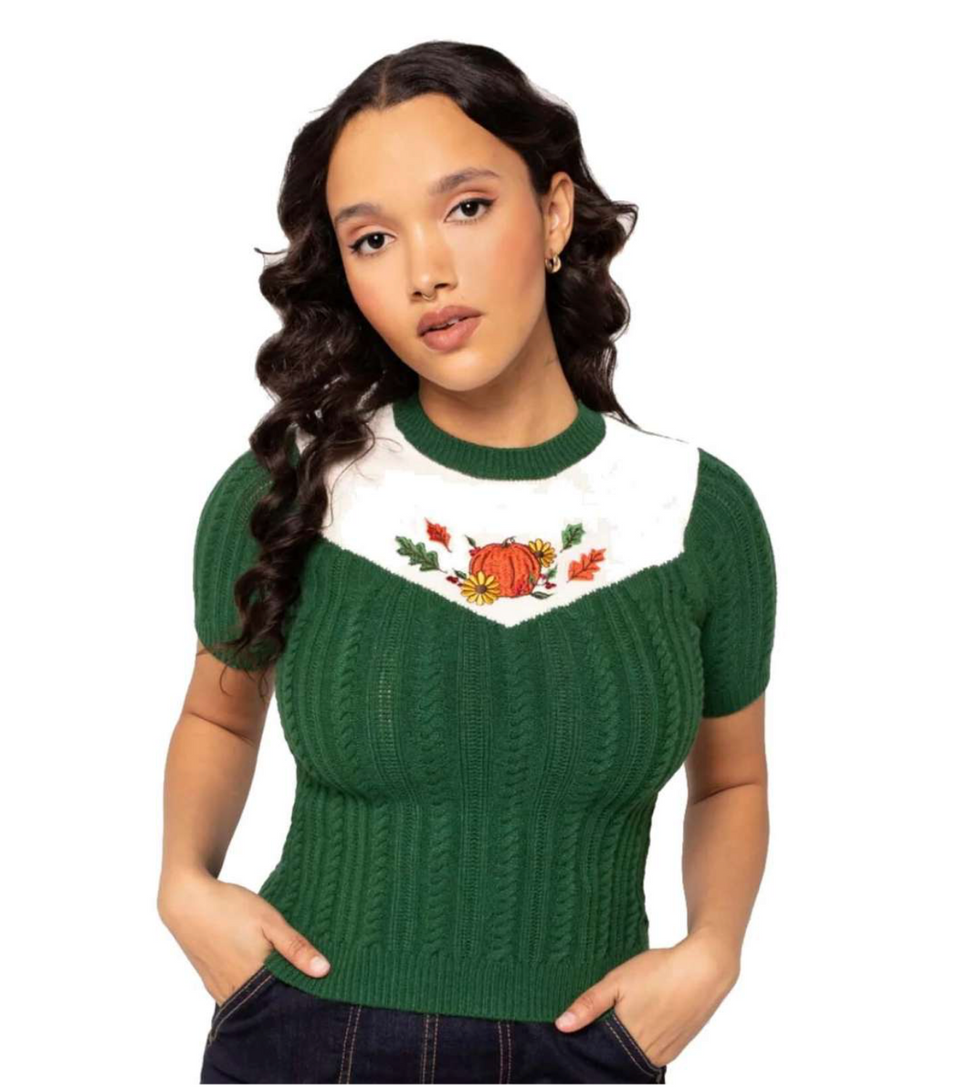 Strick-Pulli Autumn Pumpkin-Stickerei, Tannengrün