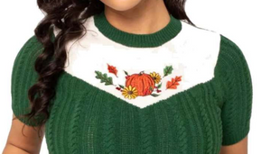 Strick-Pulli Autumn Pumpkin-Stickerei, Tannengrün