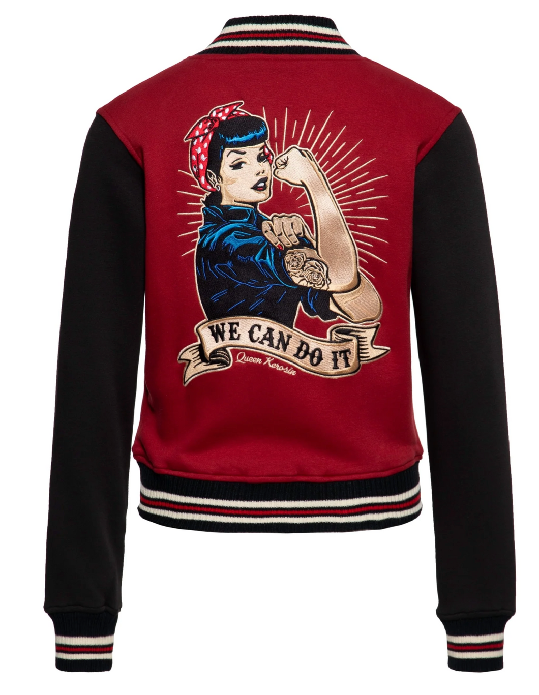 Bestickte Collegejacke We can do it, Dunkelrot-Schwarz