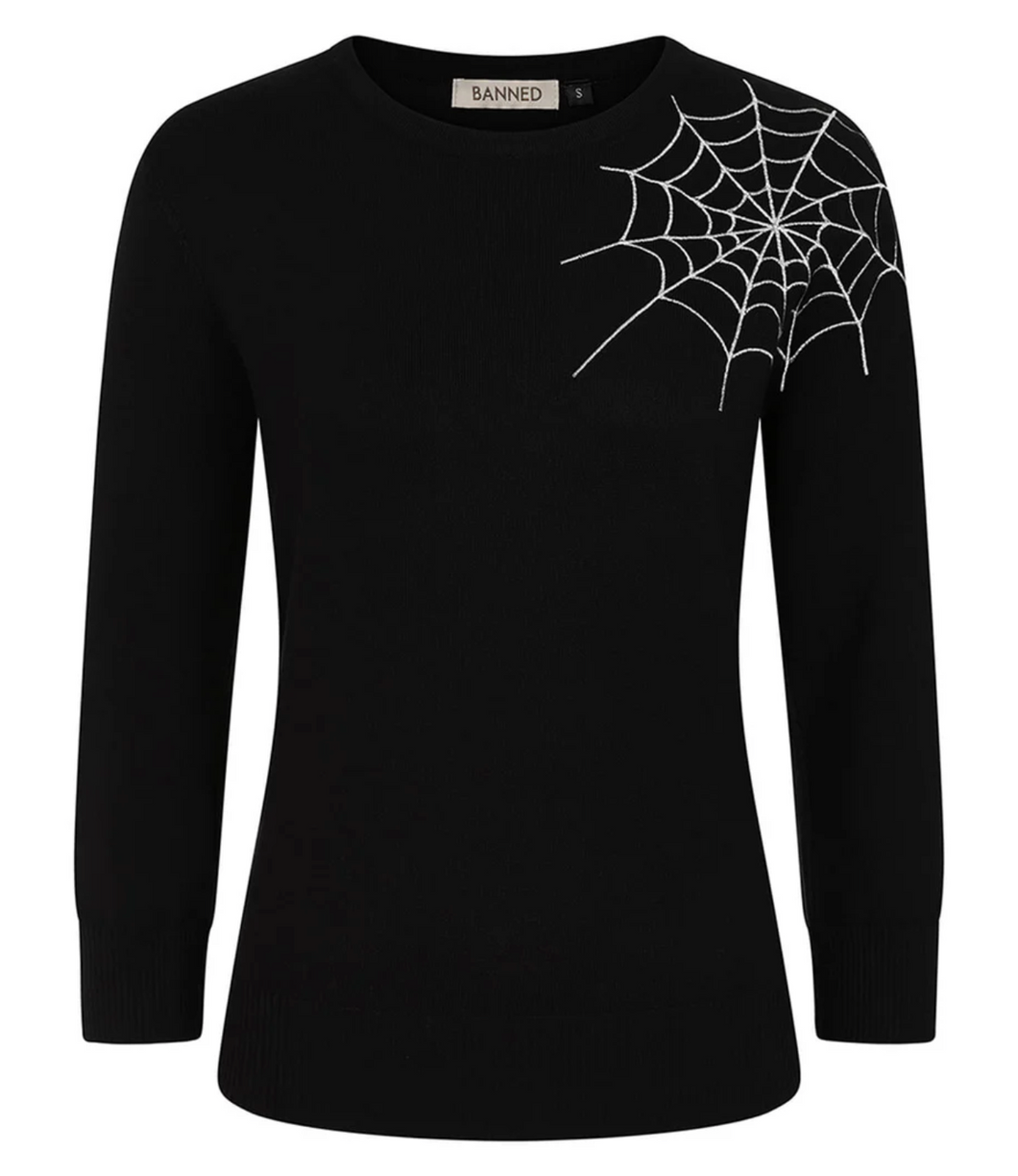 Pullover Alina  mit Spinnennetz-Stickerei, Schwarz