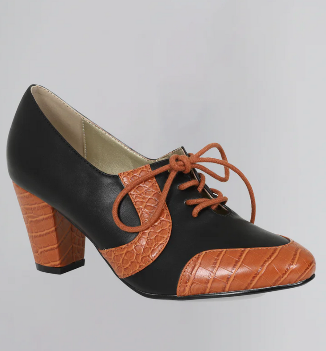 Vintage Schnürpumps Agnes 40's mit  Krokodilprägung Schwarz-Cognac