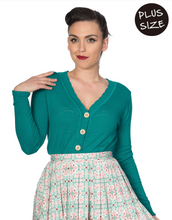 Laden Sie das Bild in den Galerie-Viewer, Vintage Cardigan June mit Musterakzente, Smaragdgrün, Plus Size

