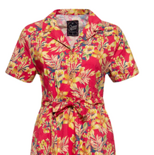 Laden Sie das Bild in den Galerie-Viewer, Hemdblusenkleid Hawaii mit Tropischen Blumenmuster, Rot

