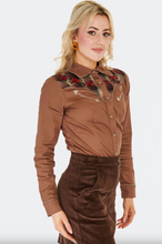 Laden Sie das Bild in den Galerie-Viewer, Retro Western-Bluse mit Stickerrei, Plaid Panel, Braun
