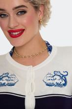 Laden Sie das Bild in den Galerie-Viewer, Maritimer Cardigan mit feiner Schiffsstickerei , Blue Nautical Wave Embroidery, Navy
