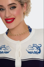 Laden Sie das Bild in den Galerie-Viewer, Cardigan, Schiffstickerei , Blue Nautical Wave Embroidery, Navy Plus Size
